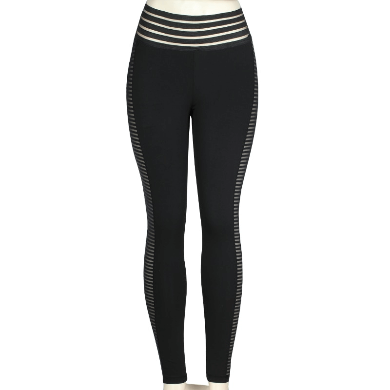 Black high waist mesh patchwork leggings for women, SF1025, seamless spandex design offering stylish comfort and tummy control.